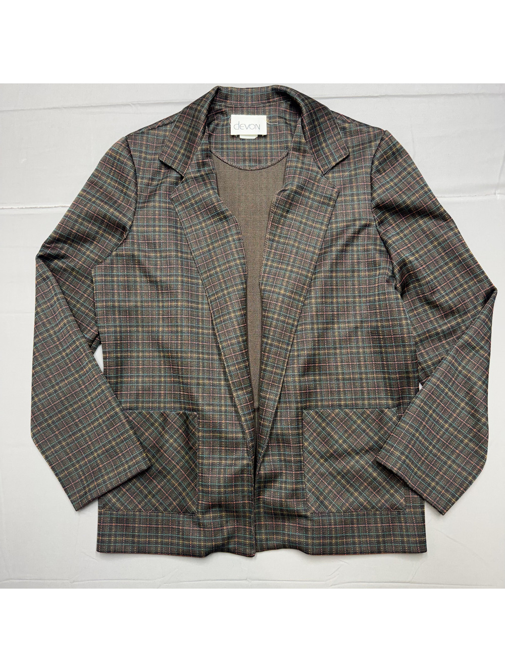 Devon Womens Vintage Open Front Blazer Knit Plaid Jacket M Brown Retro 70s